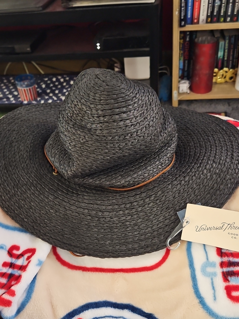 Universal Thread Black Braided Wide-Brim Sun Hat with Tan Trim
